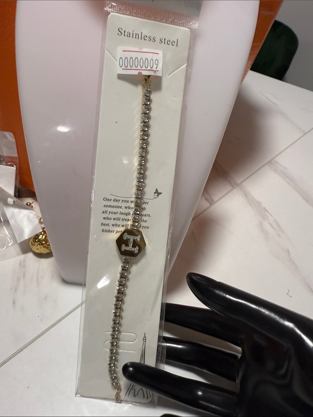 Stainless Steel Gold-Tone Crystal Bracelet with Hexagon Charm